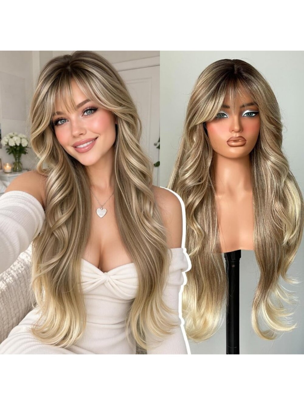 Ombre Blonde Layered Wavy Synthetic Lace Front Wig with Bangs - 26 Inches